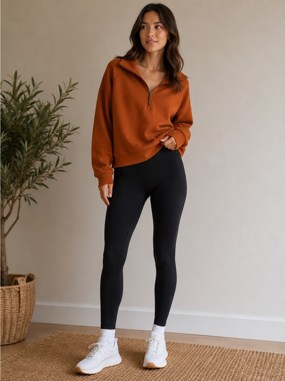 SPANX AirEssentials Half Zip sweatshirt in Copper Brown